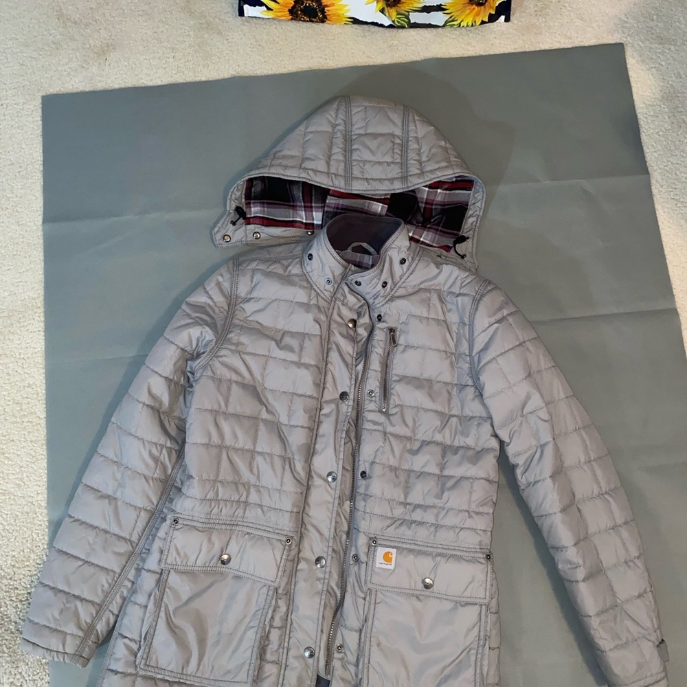 Carhartt Women’s Small 4/6 Amoret Puffer Style Gray Hooded Long Coat Good Cond - Picture 12 of 16